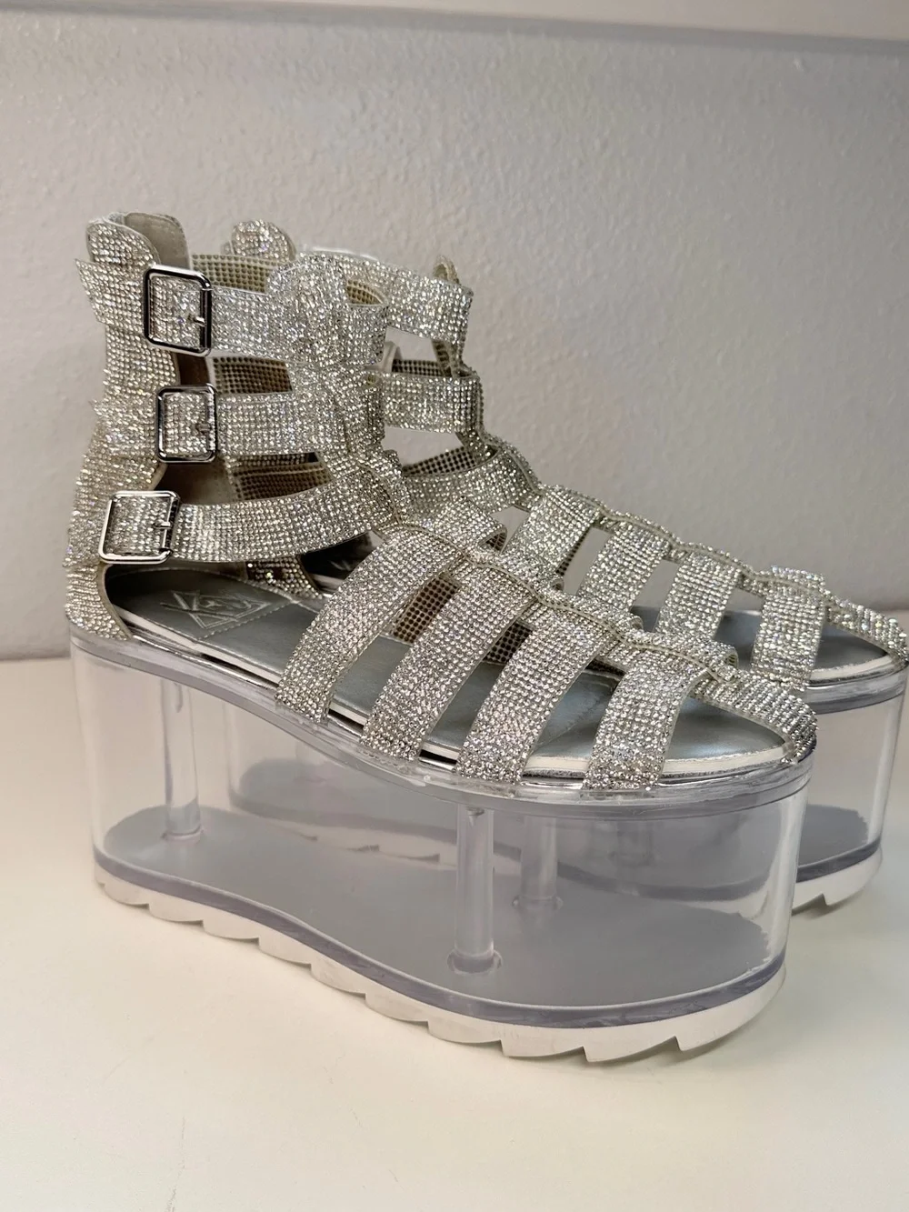 Rhinestone Sparkle Platform Sandals Clear Fillable bottom Shoes Size 9 Fun